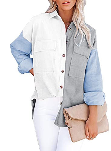 Aleumdr Bluse Damen Langarm Revers Blusen Hemdjacke Cordjacke Damen Hemdbluse Jacke Button Down Patchwork Freizeitjacke mit Taschen, Sky Blau L von Aleumdr