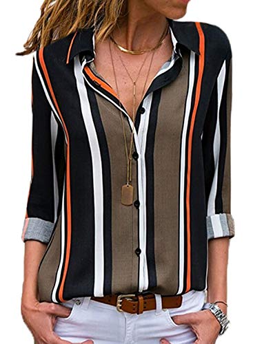 Aleumdr Bluse Damen Langarm V-Ausschnitt Hemdbluse Business Hemd Revers Kragen Bluse Hemd Oberteil Tunika Casual Top Langarmshirts mit Knopfleiste Frauen Oberteile Herbst und Summer Schwarz XXL von Aleumdr