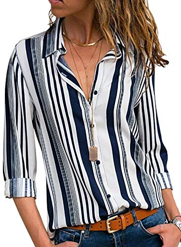 Aleumdr Bluse Damen Langarm V-Ausschnitt Hemdbluse Business Hemd Revers Kragen Bluse Hemd Oberteil Tunika Casual Top Langarmshirts mit Knopfleiste Frauen Oberteile Herbst und Summer Weiß XXL von Aleumdr