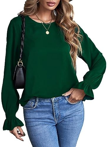 Aleumdr Bluse Damen Oberteile Elegant Rundhals Chiffon Bluse Damen Langarm Tunika Hemd Blusen Einfarbig Business Bluse Langarmshirts Damen Trompetenärmel Blusen，Grün L von Aleumdr