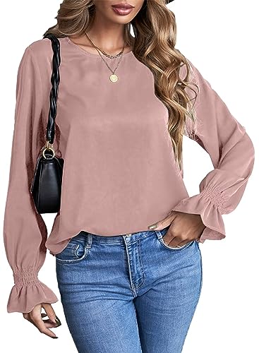 Aleumdr Bluse Damen Oberteile Elegant Rundhals Chiffon Bluse Damen Langarm Tunika Hemd Blusen Einfarbig Business Bluse Langarmshirts Damen Trompetenärmel Blusen，Rosa L von Aleumdr