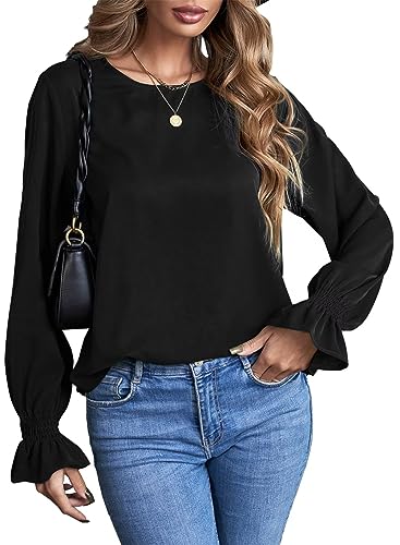 Aleumdr Bluse Damen Oberteile Elegant Rundhals Chiffon Bluse Damen Langarm Tunika Hemd Blusen Einfarbig Business Schwarze Bluse Langarmshirts Damen Trompetenärmel Blusen，Schwarz L von Aleumdr