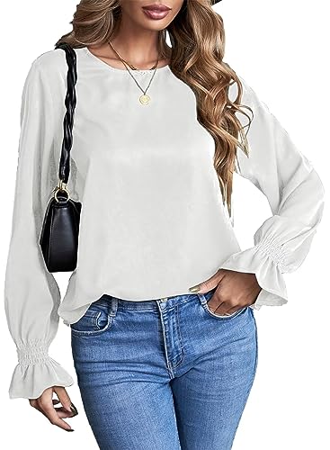 Aleumdr Bluse Damen Oberteile Elegant Rundhals Chiffon Bluse Damen Langarm Tunika Hemd Weiße Blusen Einfarbig Business Bluse Langarmshirts Damen Trompetenärmel Blusen，Weiß L von Aleumdr