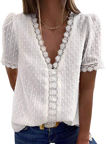 Aleumdr Bluse Damen V-Ausschnitt Spitze Bluse Elegant Damen Kurzarm Blusen Hemd mit Spitzen Tunika Bluse Tops Sommer Oberteile Damen Hemd Bluse Chiffonbluse Sexy Spitze T-Shirt, Weiß L von Aleumdr