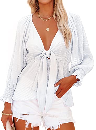 Aleumdr Bluse Damen V-Ausschnitt Tunika Damen Langarm Chiffon Hemd Blusen für Damen Elegant Bluse Shirts Casual Oberteile Damen Sommer Herbst Langarmshirt Freizeit Blusen Hemden,Weiß S von Aleumdr