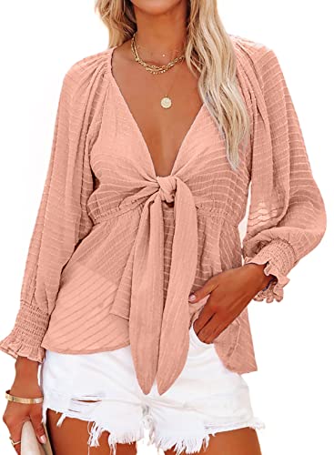 Aleumdr Bluse Damen V-Ausschnitt Tunika Damen Langarm Chiffon Hemd Blusen für Damen Elegant Bluse Shirts Casual Oberteile Damen Sommer Herbst Langarmshirt Freizeit Blusen Top,Pink M von Aleumdr