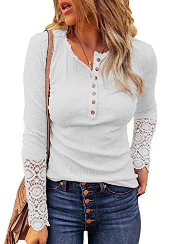 Aleumdr Oberteile Damen Langarmshirt Slim Fit Pullover Damen Sweatshirts Basic Langarmshirts Damen Sexy Strickpulli Oberteile Damen Bluse Langarm Tunika Shirts mit Spitzenärmel T-Shirt,Weiß XL von Aleumdr