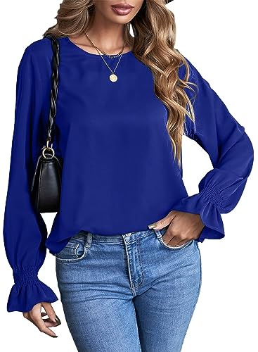 Aleumdr Blusen Damen Oberteil Langarm Tunika Damen Bluse Rundhals Chiffon Blusen Damen Elegant Casual Einfarbig Hemd Damen Trompetenärmel Oberteile Langarmshirts,Blau XL von Aleumdr