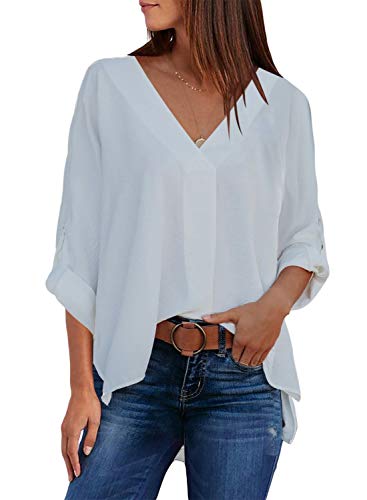 Aleumdr Bluse Damen Elegant Tunika Blusen für Damen V-Ausschnitt Chiffon Hemd Bluse Langarm Casual Blusenshirt Damen 3/4 Arm Sexy Oberteil Damen Langarmshirts,Weiß M von Aleumdr