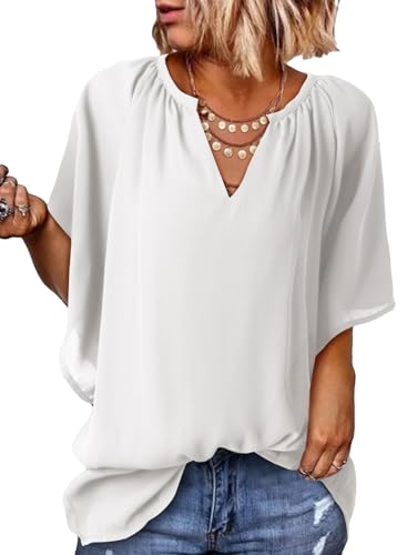 Aleumdr Chiffon Bluse Damen Sommer V-Ausschnitt Blusen Damen Oberteile Weiße Bluse Elegant Tunika Damen mit Trompetenärmel,Weiß XXL Aleumdr Chiffon Bluse Damen Sommer V-Ausschnitt Blusen Damen Oberteile Weiße Bluse Elegant Tunika Damen mit Trompetenärmel,Weiß XXL von Aleumdr