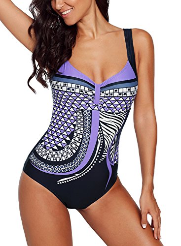 Aleumdr Damen Badeanzug Bauchweg Einteiliger Bademode Rückenfrei One Piece Swimsuit Sexy Badeanzug Push up Schwimmanzug Lila XL von Aleumdr