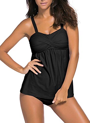 Aleumdr Damen Tankini bauchweg Bademode Set zweiteilig Push up mit Einstellbarer Bikinislip Tankini Top mit Dreieck Unterhosen，Schwarz S von Aleumdr