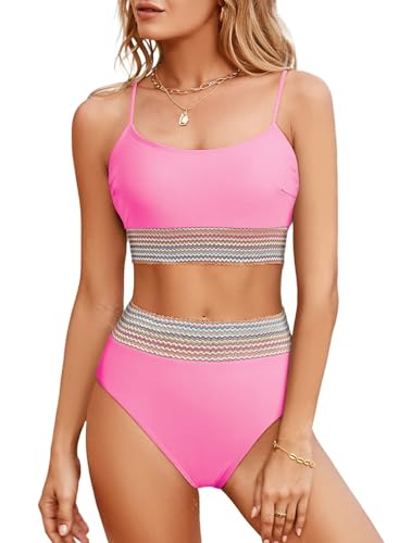 Aleumdr Damen-Bikini-Set, zweiteiliges Bikinioberteil und hohe Taille, Badeanzug mit Streifen, A Bonbon, XL von Aleumdr