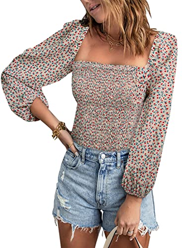 Aleumdr Damen Bluse Langarm Puffärmel mit Eckiger Ausschnitt Casual Oberteil (Aprikose-L) von Aleumdr