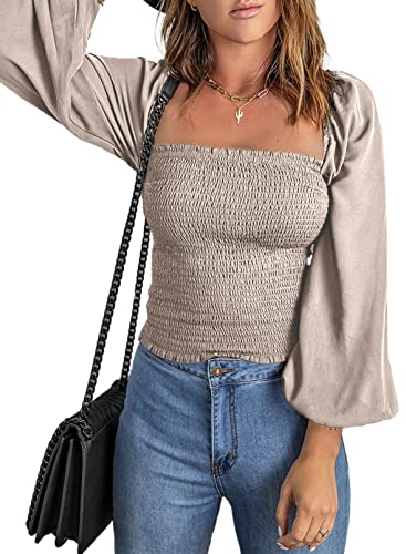 Aleumdr Damen Bluse Langarm Puffärmel mit Eckiger Ausschnitt Casual Oberteil (Aprikose-M) von Aleumdr