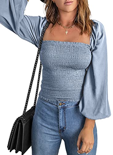 Aleumdr Damen Bluse Langarm Puffärmel mit Eckiger Ausschnitt Casual Oberteil (Himmelblau-M) von Aleumdr