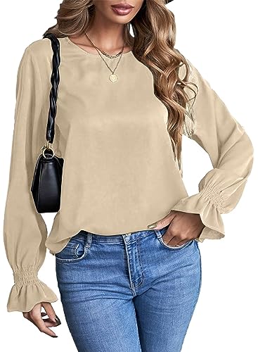 Aleumdr Damen Bluse Langarmshirts Rundhals Oberteil Damen Elegant Tunika Bluse Damen Chiffon Hemd Casual Einfarbig Blusen Damen Trompetenärmel Shirts,Khaki XXL von Aleumdr