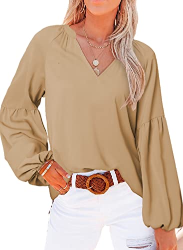 Aleumdr Damen Bluse Oberteile V-Ausschnitt Langarmshirt Elegant Top Damen Sommer Laternenärmel Blusenshirt Einfarbig Damen Tunika Hemd Langarm Chiffon Bluse Damen Arbeit Hemden Vintage Tops,Khaki M von Aleumdr