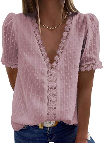 Aleumdr Damen Bluse V-Ausschnitt Oberteile mit Spitze Lose Tops Hemd Sommer T-Shirt Spitzen Shirts Pink L von Aleumdr