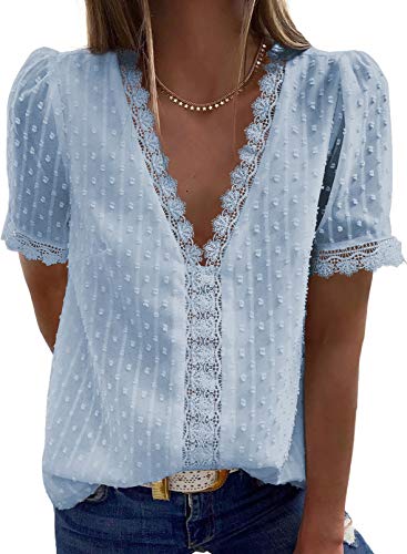 Aleumdr Damen Bluse V-Ausschnitt Spitzen Hemd Blusen Damen Elegant Spitze Bluse Kurzarm Oberteile Damen Sommer Chiffon Bluse Tunika Bluse Tops Sexy Spitzeblusen Shirts,Sky Blau XXL von Aleumdr