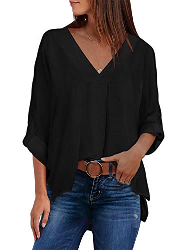 Aleumdr Bluse Damen Elegant V-Ausschnitt Bluse Damen Langarm Tunika Chiffon Hemd Blusen für Damen Sexy Blusenshirts 3/4 Arm Oberteile Damen Langarmshirts,Schwarz S von Aleumdr