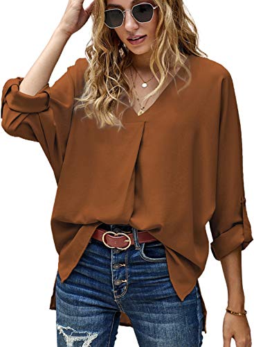 Aleumdr Damen Bluse Elegant V-Ausschnitt Hemden Langarm Casual Arbeit Oberteile Sexy Tunika Langarmshirt Damen Chiffon Blusen Hemd, Braun S von Aleumdr