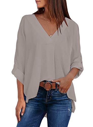 Aleumdr Damen Bluse Elegant V-Ausschnitt Hemden Langarm Casual Arbeit Oberteile Sexy Tunika Langarmshirt Damen Chiffon Blusen Hemd, Aprikose L von Aleumdr