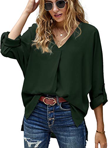 Aleumdr Damen Bluse Elegant V-Ausschnitt Hemden Langarm Casual Arbeit Oberteile Sexy Tunika Langarmshirt Damen Chiffon Blusen Hemd, Dunkelgrün S von Aleumdr