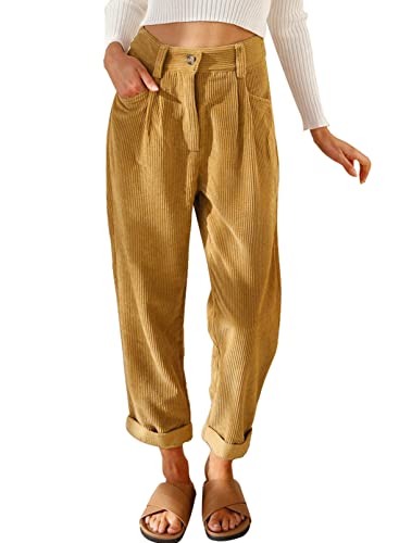 Aleumdr Damen Cargohose Sommerhose Loose Fit Freizeithosen Damen High Waist Outdoor Hose Damen Kordhose Damen Leinenhose Elegant Cord Hose,Khaki M von Aleumdr