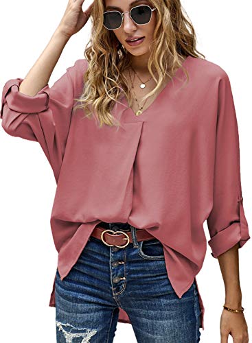 Aleumdr Damen Bluse Langarm V-Ausschnitt Chiffon Bluse Damen Elegant Tunika Oberteile Damen Sexy Casual Blusenshirt Damen 3/4 Arm Langarmshirts Hemden,Pink XXL von Aleumdr