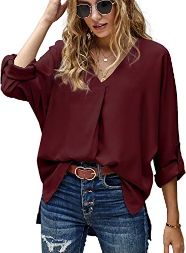 Aleumdr Damen Elegant Bluse V-Ausschnitt Tunika Damen Langarm Casual Tunika Langarmshirt sexy Oberteil Damen Chiffon Blusen Hemd, Rot XXL von Aleumdr