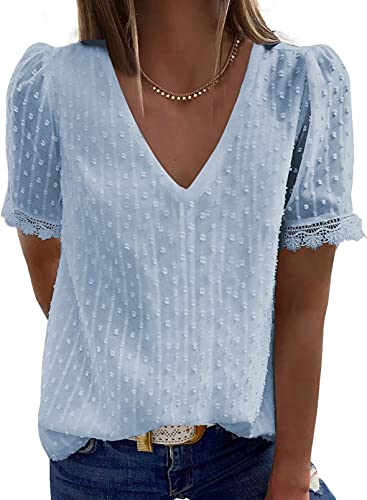 Aleumdr Damen Chiffon Bluse Sommer Spitze Blusen Tops Damen Oberteile Kurzarm Sexy Top V-Ausschnitt Damen T-Shirts Kurzarm Hemdblusen Shirts Sky Blau S von Aleumdr