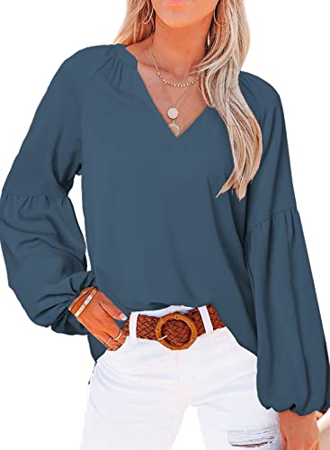 Aleumdr Damen Elegant Bluse Laternenärmel Chiffon Hemd Blusen Damen V Ausschnitt Oberteile Damen Sommer Herbst Tunika Blusenshirt Langarm Business Blusen Tops für Damen Vintage Sweatshirt，Blau XXL von Aleumdr