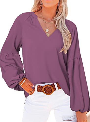 Aleumdr Damen Elegant Bluse Laternenärmel Chiffon Hemd Blusen Damen V Ausschnitt Oberteile Damen Sommer Herbst Tunika Blusenshirt Langarm Business Blusen Tops für Damen Vintage Sweatshirt，Violett XL von Aleumdr