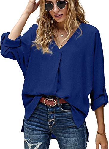 Aleumdr Damen Elegant Bluse V-Ausschnitt Tunika Damen Langarm Casual Tunika Langarmshirt sexy Oberteil Damen Chiffon Blusen Hemd, Blau L von Aleumdr