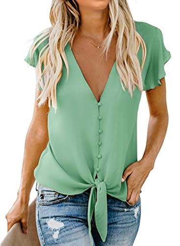 Aleumdr Damen Kurzarm Blusen Elegant Damen T-Shirt Bluse Knopf Shirt Loose Tunika Oberteil Tops Sexy Top Sommer Blusen Grün S von Aleumdr