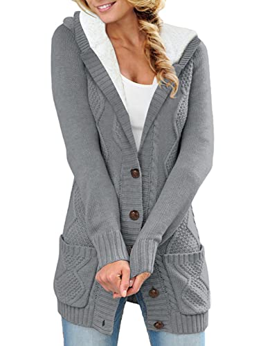 Aleumdr Strickjacke Damen Lang Strickmantel Damen Elegant Strick Cardigan Grobstrick Strickjacken Damen mit Kapuze Herbst Winter Strickmantel mit Knöpfen,Dunkelgrau XL von Aleumdr