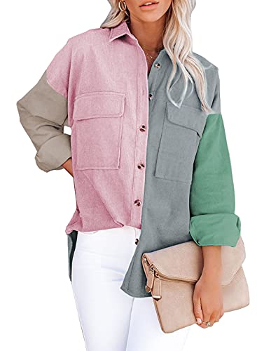 Aleumdr Damen Langarm Bluse Vintage Blusen Cordjacke Damen Jacke Herbst Winter Button Down Cordhemd Casual Knopf Outwear Mantel mit Tasche, Gau L von Aleumdr