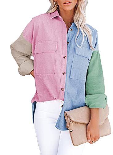 Aleumdr Damen Langarm Bluse Vintage Blusen Cordjacke Damen Jacke Herbst Winter Button Down Cordhemd Casual Knopf Outwear Mantel mit Tasche, Mehrfarbig M von Aleumdr