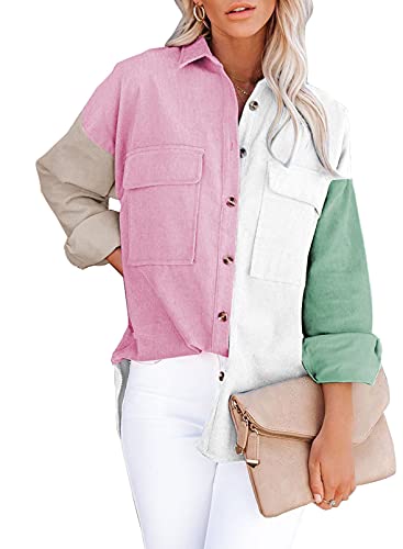 Aleumdr Damen Langarm Bluse Vintage Blusen Cordjacke Damen Jacke Herbst Winter Button Down Cordhemd Casual Knopf Outwear Mantel mit Tasche, Pink L von Aleumdr