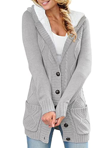 Aleumdr Damen Langarm Strickjacke Grobstrick Cardigan Lang Winter Damen Grobstrickjacke Strickmantel mit Kapuze Dicke Strickcardigan Strickjacken für Damen Kaputzenjacke Fleecejacke,Hellgrau L von Aleumdr