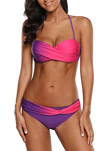 Aleumdr Damen Printed Mehrfarbig Rüsche Bikinislip mit Badehose Violett Übergröße XXL von Aleumdr