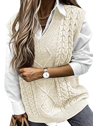 Aleumdr Damen Pullover Ärmellos V-Ausschnitt Stricken Weste Damen Strick Pullunder Oversize Damen Gestrickt Pullover Strickpullover Casual Tank Tops Frühling Herbst Beige M von Aleumdr