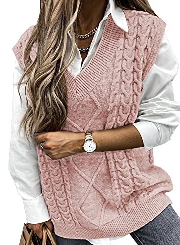 Aleumdr Pullover Damen V-Ausschnitt Pullunder Damen Ärmellos Strickwesten Damen Elegant Strickpullover Oversize Damen Gestrickt Pullover Grobstrick Herbst StrickpulliWinterpullover，Pink S von Aleumdr