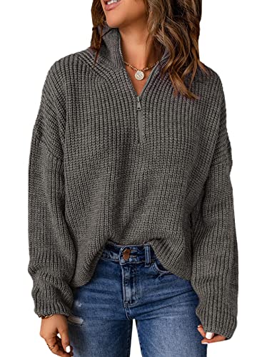 Aleumdr Damen Pullover Elegant Reißverschluss Strickpullover Damen Rollkragenpullover Grobstrick Pullover für Damen Winterpullover Sweatshirts Causal Rollkragenpulli Sweater,Dunkelgrau S von Aleumdr