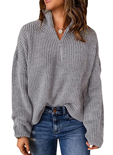 Aleumdr Damen Pullover Elegant Reißverschluss Strickpullover Damen Rollkragenpullover Herbst Grobstrick Pullover für Damen Winterpullover Causal Strickpulli Sweater Festliche Pullover,Grau XXL von Aleumdr