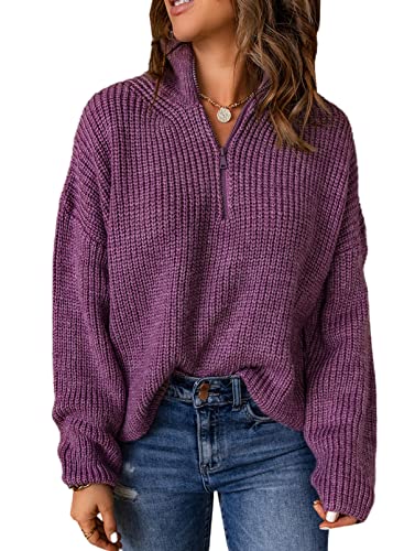 Aleumdr Damen Pullover Elegant Reißverschluss Strickpullover Damen Rollkragenpullover Herbst Grobstrick Pullover für Damen Winterpullover Causal Strickpulli Sweater Festliche Pullover,Violett XL von Aleumdr