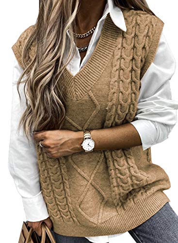 Aleumdr Damen Pullunder Ärmellos Stricken Weste Damen Oversized Strickpullover V-Ausschnitt Pullover Grobstrick Herbstpullover Winterpullover Casual Strickweste Vest Strick Sweater, Khaki S von Aleumdr