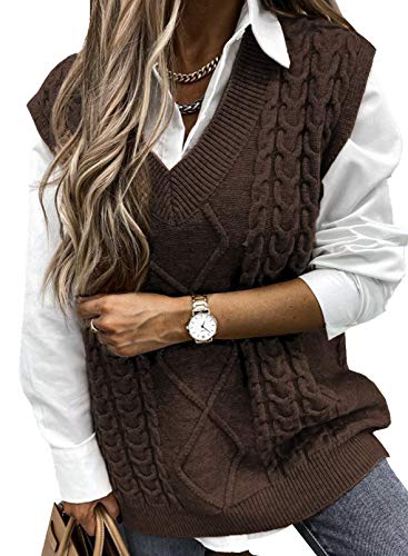 Aleumdr Damen Pullunder Ärmellos V Ausschnitt Stricken Weste Damen Strick Pullunder Oversize Damen Gestrickt Pullover Strickpullover Casual Tank Tops Frühling Herbst Braun L von Aleumdr