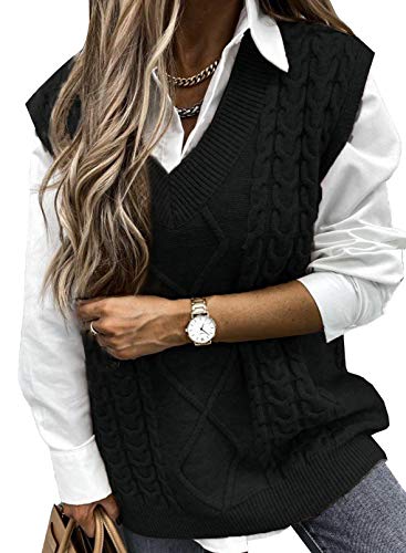 Aleumdr Pullunder Damen ärmellos V-Ausschnitt Strickweste Damen Pullover Elegant Strickpullover Casual Pullover Damen Grobstrick Oversize Winterpullover Strickpulli,Schwarz M von Aleumdr